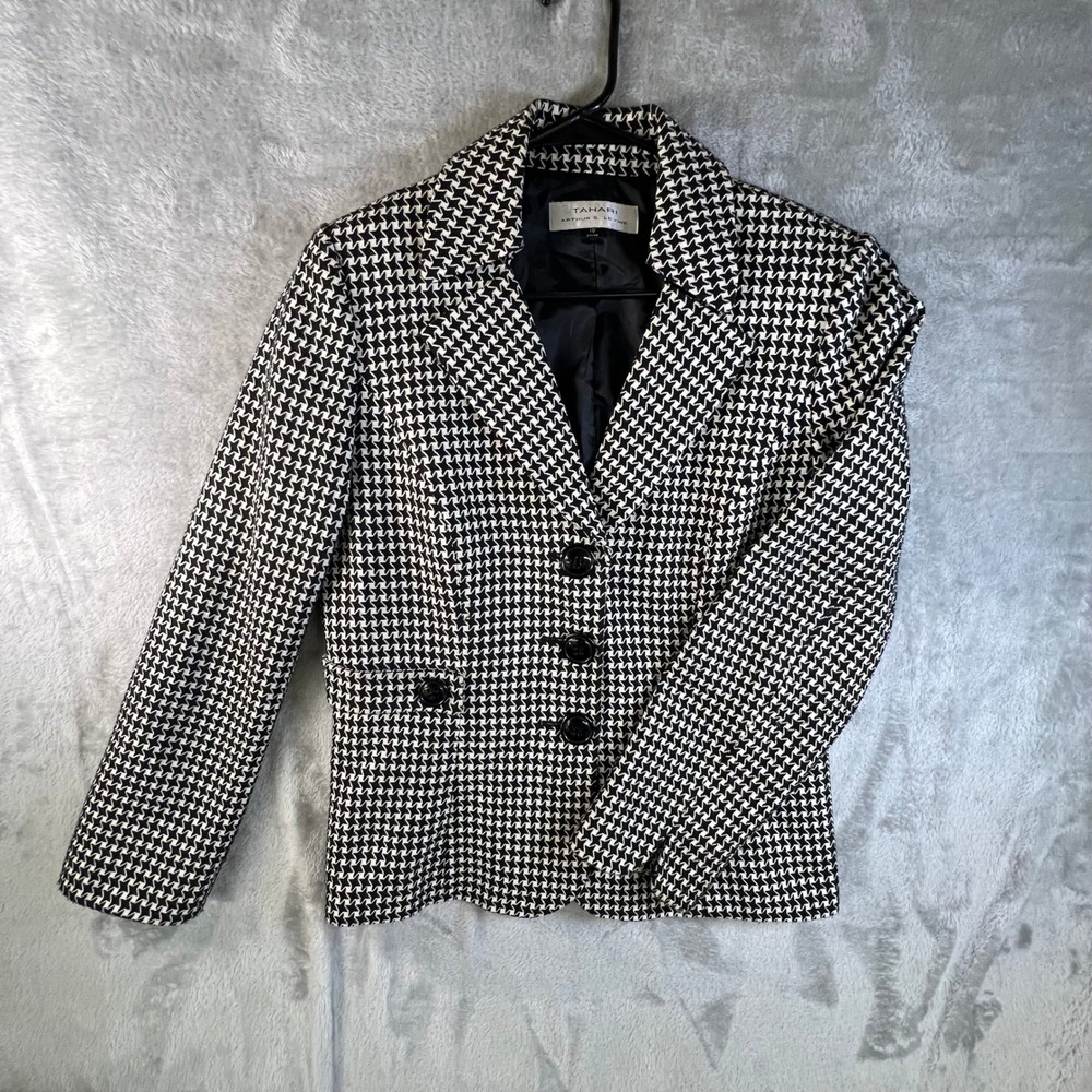 TAHARI ARTHUR S LEVINE Womens Blazer Houndstooth Double Breasted Black White 10P